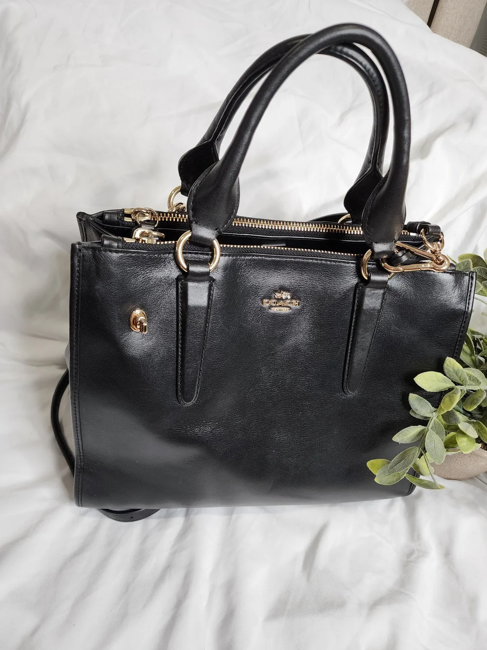 COACH Black Leather Double Zip Satchel Bag Gold Hardware Shoulder Carryall Excel